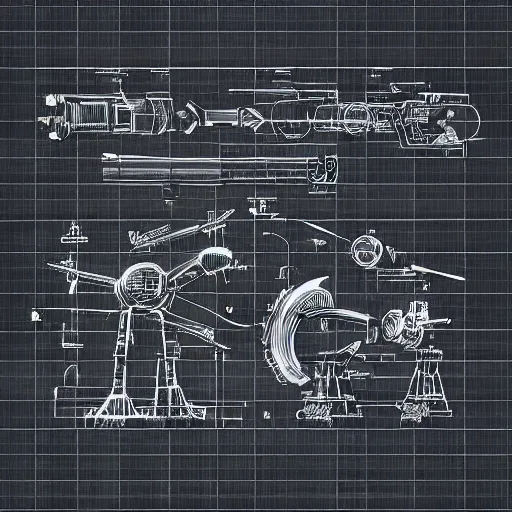 Prompt: technical drawing of heavy weaponry from a spaceship. science fiction illustration.