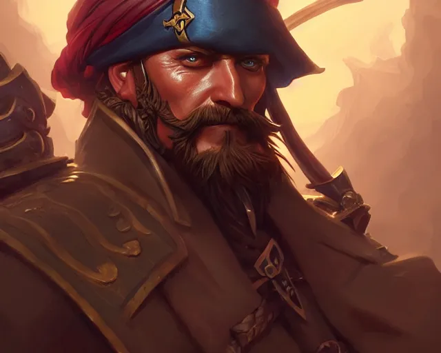 Image similar to captain pirate man high detail, deep focus, d & d, fantasy, intricate, elegant, highly detailed, digital painting, artstation, concept art, matte, sharp focus, illustration, hearthstone, art by artgerm and greg rutkowski and alphonse mucha