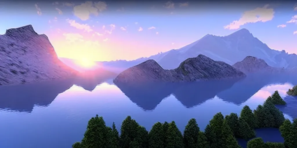 Image similar to a beautiful landscape, sun rises between two mountains, a lake in between the mountains, blue sky, cloudy, 3 d artwork by john stephans, unreal engine 5, extremely detailed, hyper realism