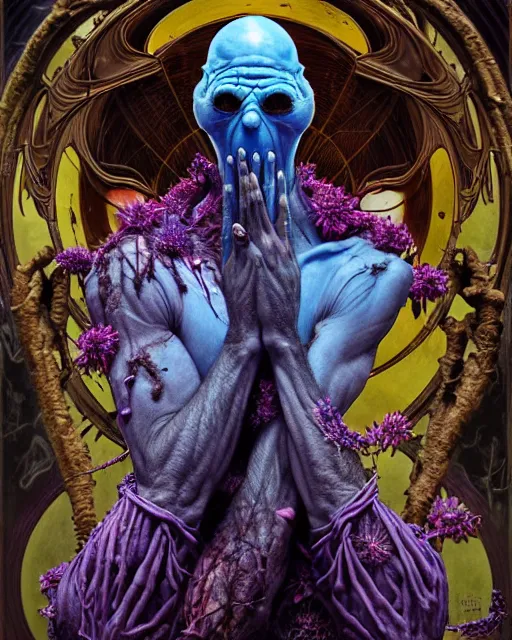 Prompt: the platonic ideal of flowers, rotting, insects and praying hands in namaskara mudra of cletus kasady ultimate carnage thanos dementor doctor manhattan chtulu nazgul davinci, detailed, intricate, hyperrealism, intense, scary, decay, dmt, art by brock hofer and artgerm and greg rutkowski and alphonse mucha