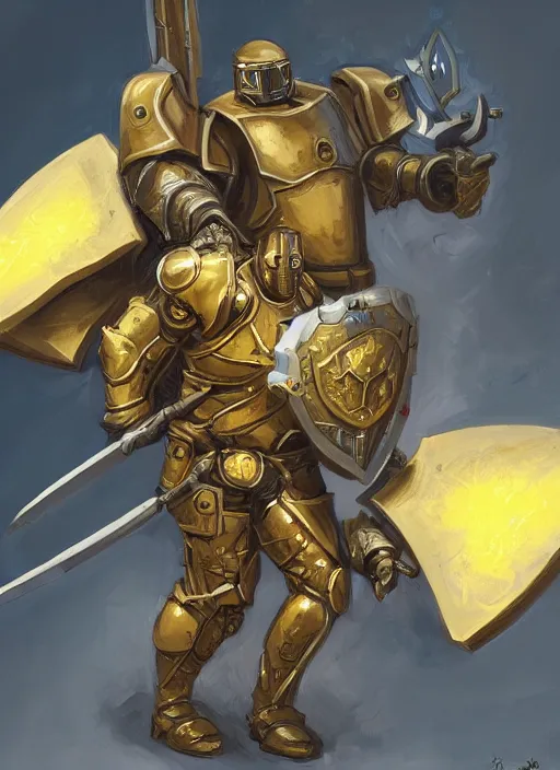 Prompt: dynamic portrait of a big eye warforged character in yellow armor holding a paladin engraved longsword and carrying a big shield, epic , trending on ArtStation, cinematic lighting, by Jesper Ejsing