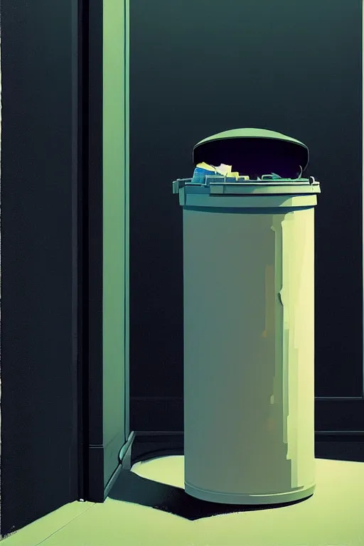 Image similar to the trashcan is actually a person wearing oculus and digital glitch head edward hopper and james gilleard zdzislaw beksisnski higly detailed