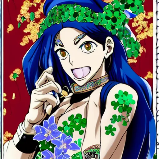 Image similar to a jojo's bizarre adventure manga artstyle colorful sketch : Jolyne Cujoh, smiling with her mouth shut, not looking at the camera, with a saint aureola, black and white, wearing a veil, shamrocks and lilies in the background by by hirohiko araki shonen jump, crisp details, realistic, featured on Artscape