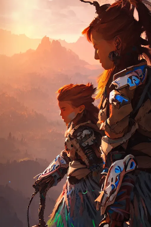 Image similar to combination suit armor aloy horizon forbidden west horizon zero dawn radiating a glowing aura global illumination ray tracing hdr fanart arstation by ian pesty and alena aenami artworks in 4 k tribal robot ninja mask helmet backpack