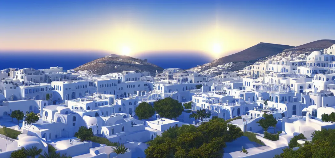 Prompt: beautiful peaceful grecian landscape in summer, blue skies, hills in the far background distance, sea reflecting of the sun, white buildings, mykonos, cinematic lighting, soft glow, wide angle, focus, 3 d artstation render, unreal engine