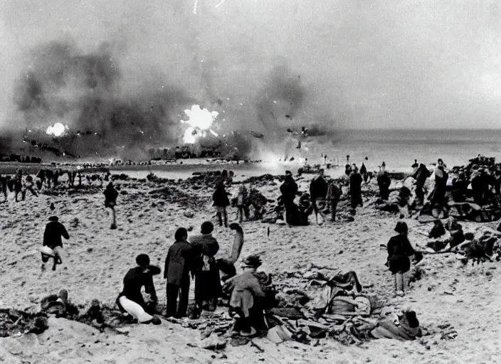 Prompt: vintage photo of a pizza party on omaha beach in normandy with explosions and battle in the background