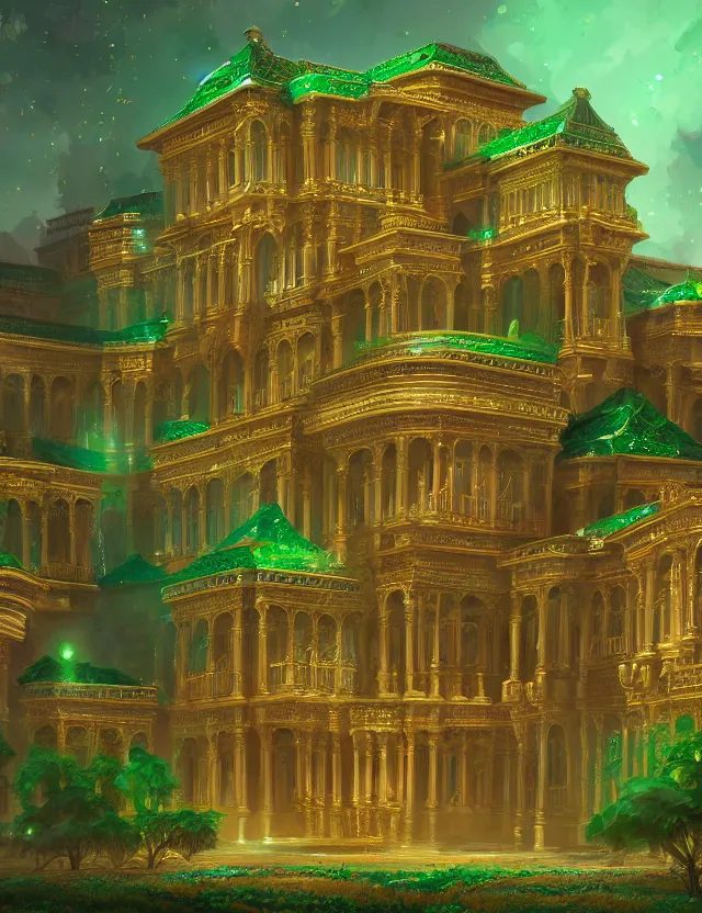 Image similar to a detailed digital painting of a palace made of gleaming emeralds, trending on artstation, digital art, 4 k resolution, detailed, high quality, sharp focus, hq artwork, coherent, insane detail, character portrait