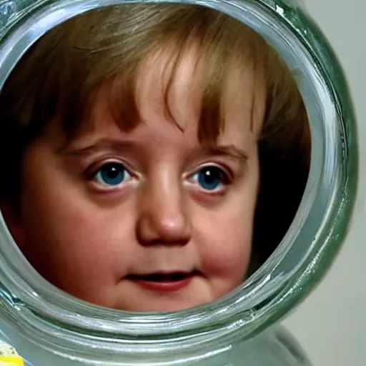 Prompt: little angela merkel inside a jar of glass