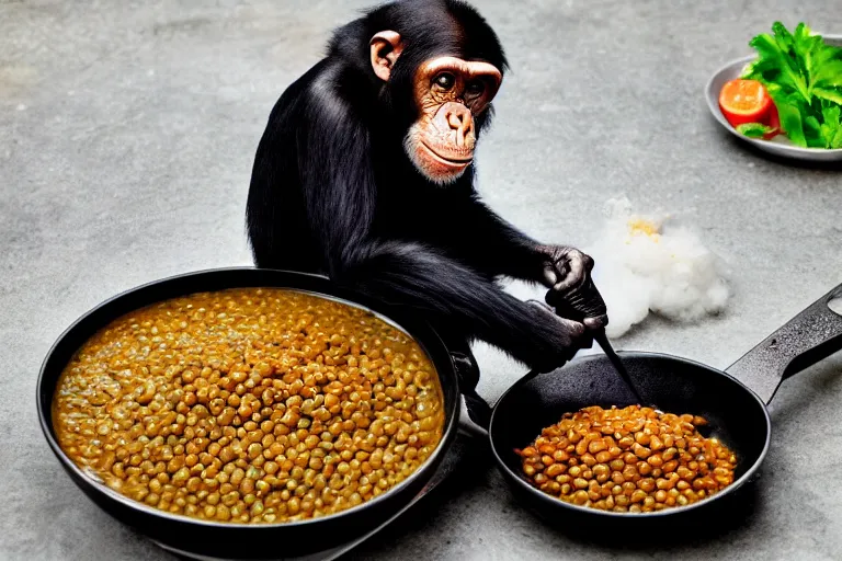 Image similar to chimpanzees cooking lentil dhaal, 32K