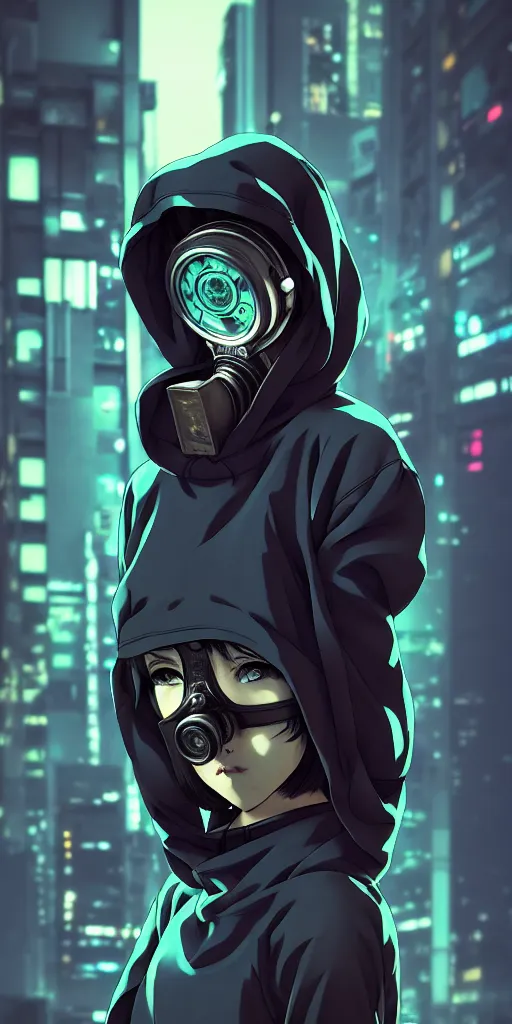 Image similar to cyberpunk anime girl in hoodie, cyberpunk gas mask, 3 / 4 shot, street night, grafity, beautiful face, grafity, arcane, action, tokyo street, detail, good face, pose model, concept art, in style of yoji shinkawa, pan ren wei, col price, atey ghailan, by greg rutkowski, aesthetic