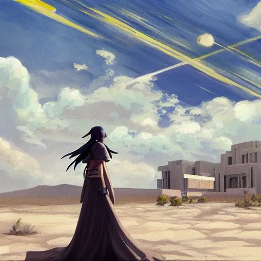 Prompt: A painting of a female mage in the desert with storm clouds and a brutalist architecture house in the background by makoto shinkai