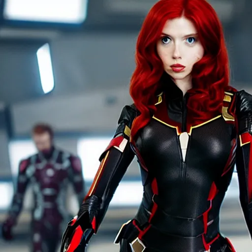 Image similar to A still photograph of Amouranth as Black Widow in Iron Man 2,