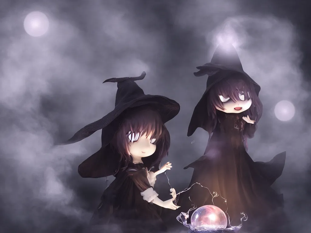 Image similar to cute fumo plush girl gazing into a crystal ball swirling with strange energy, casting a powerful spell, black and white eldritch gothic horror, smoke and volumetric fog, witch girl, soothsayer, lens flare glow, chibi anime, vray