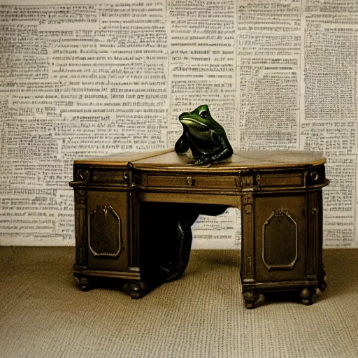 Image similar to 2 0 megapixels, aristocratic, vintage photo of an anthropomorphic perfect frog wearing a perfect suit sitting behind a perfect victorian desk, 1 9 4 0, professional photography, ultra detailed, beautiful, precise, close up