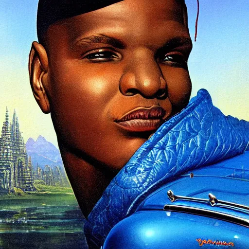 Image similar to a painting of wizkid by bruce pennington.