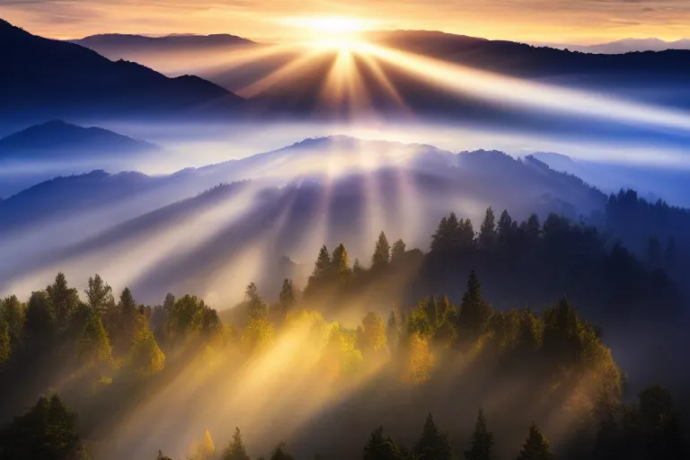 Image similar to landscape photography of copacul lui bezergheanu by marc adamus, morning, mist, rays of light, beautiful