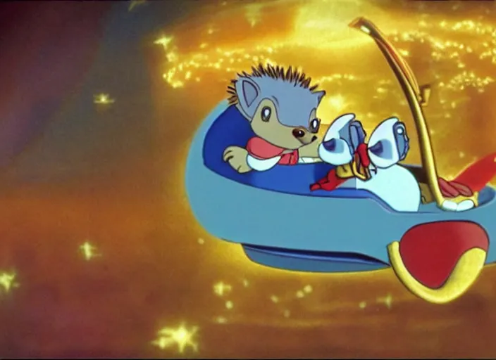 Prompt: a still from an animated disney movie from the 9 0 s, of a hedgehog wearing a crown, inside a scifi spaceship