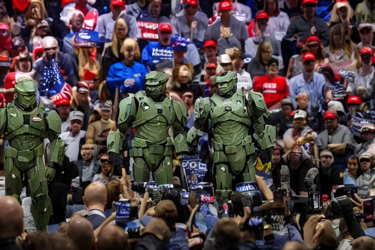 Image similar to diorama effect photo of master chief at a trump rally