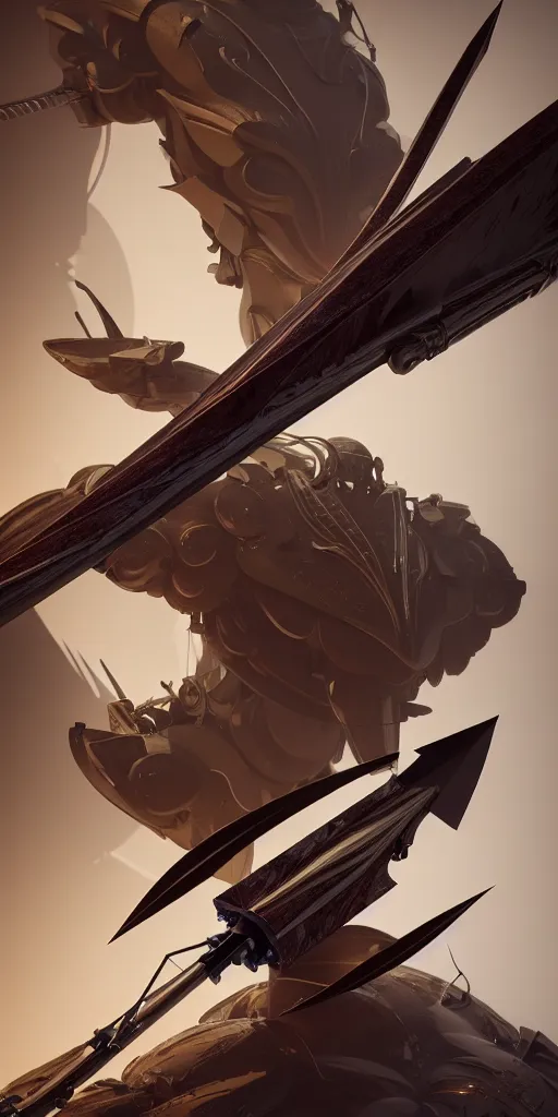 Image similar to a beautiful delicate huge mega bow and arrow weapon, solid background, electron flow, android, mechanical, metal, weapon design, fine texture structure, hyper detailed, perfect shadows, atmospheric lighting, 3 d render, in the style of pascal blanche and sparth juan zigor samaniego, paul pepera pablo roldan, displayed in the exhibition hall, 4 k hd