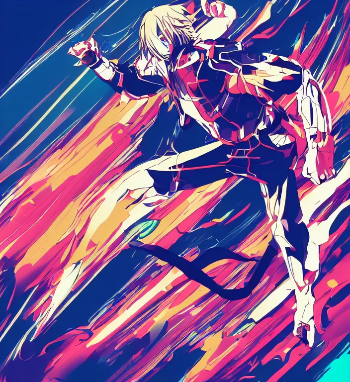 Prompt: action shot of an anime action hero, sliding towards the camera, foreshortening technique, dynamic line work, action lines, colorful vector art, detailed and intricate background, trending on deviant art.