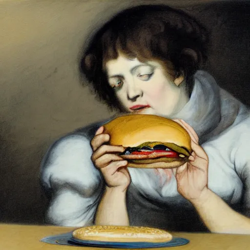 Prompt: wendy devouring a cheeseburger, drawn francisco goya, mixed media mural transferred to canvas