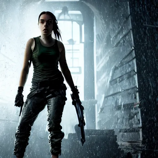 Image similar to Billie Eilish starring as Lara Croft, canon, Studio Lighting, movie poster, 4K