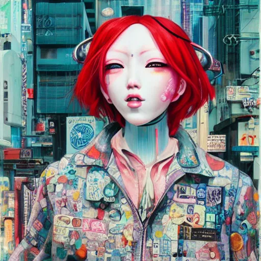 Image similar to a mannequin with a red hair and a smiley face, cyberpunk art by hikari shimoda, featured on cgsociety, pop surrealism, anime aesthetic, high detailed, detailed painting