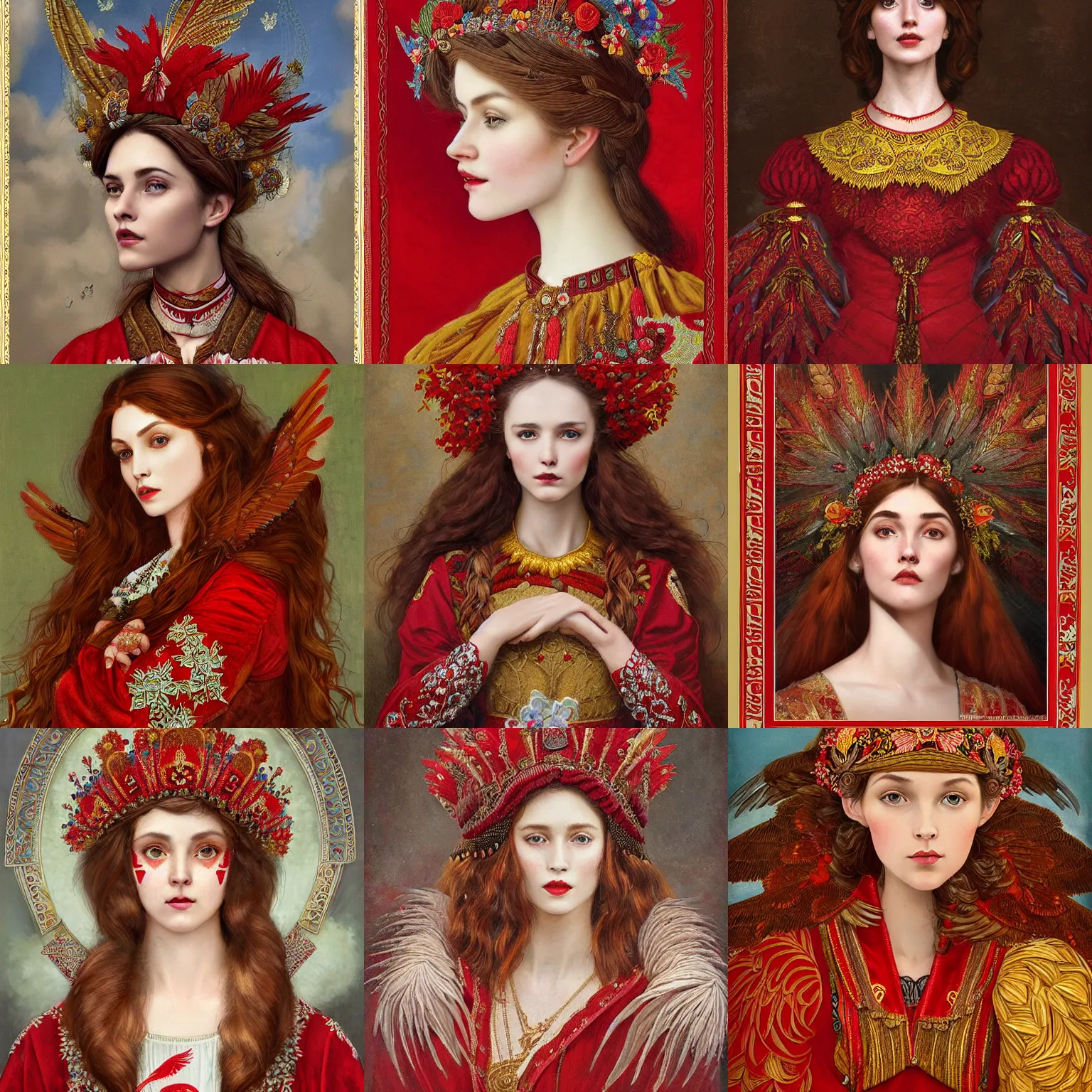 Image similar to the brown - haired lady with red wings, in red embroidery short ukrainian national costume, filigree crown with textile embroidery flowers, ukrainian heroine with red crow, pre - raphaelite beautiful, playful smile, detailed portrait, intricate complexity, acril painting the style of charlie bowater, tom bagshaw, alexis franklin, elena masci, pawel rebisz