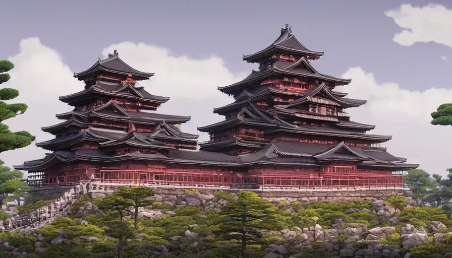 Image similar to A highly detailed matte painting of the huge japanese castle, wooden and dark, with matsu pine trees, with sakura cherry trees, by Studio Ghibli, Makoto Shinkai, by Artgerm, by beeple, by Greg Rutkowski, volumetric lighting, octane render, 4K resolution, trending on artstation, masterpiece