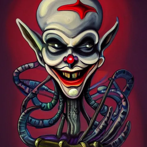 Image similar to beautiful painting of the jester mushroom joker god in the style of Welder Wings and H. R. Giger. Dark background, detailed, trending on Artstation