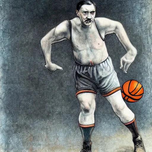 Prompt: hitler playing basketball, realistic, detailed, colored by da vinci