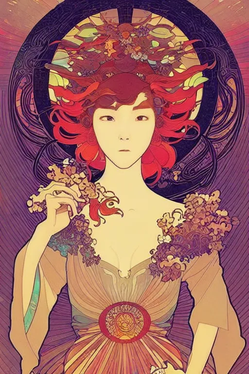 Image similar to phoenix, victo ngai style, alfons mucha style, ， from china, style of studio ghibli, chinese style