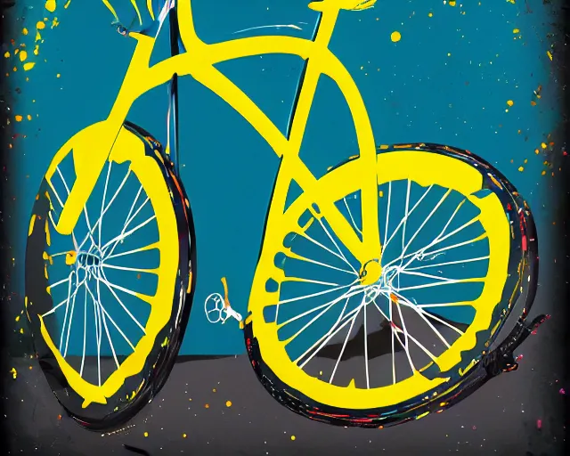 Image similar to a bicycle in front of a yellow background. paint splashes, outrun, vaporware, shaded flat illustration, digital art, trending on artstation, highly detailed, fine detail, intricate