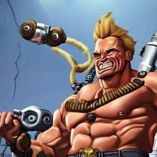 Image similar to a screenshot of arnold schwarzenegger as junkrat in overwatch