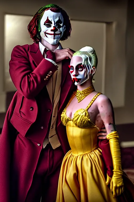 Prompt: joaquin phoenix joker with harley queen lady gaga, photorealistic, ultrarealistic, smooth, 4 k, aesthetic lighting, baroque object, sharp focus, hyperdetailed, professional photography, pullitzer winning, 8 0 0 photo by : canon eos 5 d mark iv, by karah mew and adnan abidi and jodie bateman and ansel adams