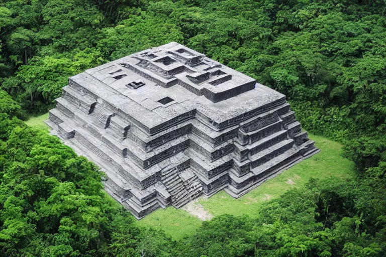 Image similar to A hypercube atop a Mayan temple in the middle of the jungle