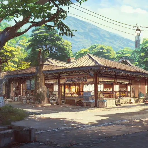 Image similar to concept art painting of a historic bakery with european and japanese architecture, in a woodland village surrounded by trees and mountains, realistic, detailed, cel shaded, in the style of makoto shinkai and greg rutkowski and james gurney