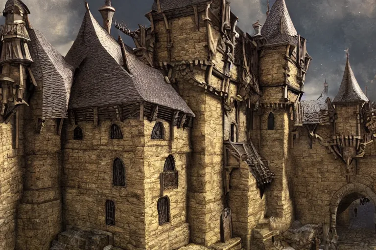 Image similar to A medieval keep, texture, intricate, details, highly detailed, masterpiece, architecture, building, trending on artstation, focus, sharp focus, concept art, digital painting, fantasy, D&D, tabletop, rpg, roleplay, sunny, day, midday, photograph, photo, still, movie still, screenshot