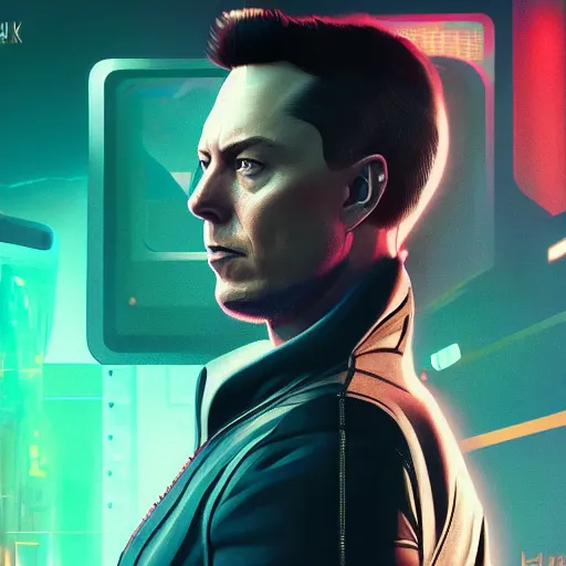 Prompt: ominous portrait, portrait of Elon Musk as a cyberpunk 2077 loading screen, symmetry, front view, intricate, studio, art by anthony macbain + greg rutkowski + alphonse mucha, concept art, 4k, sharp focus