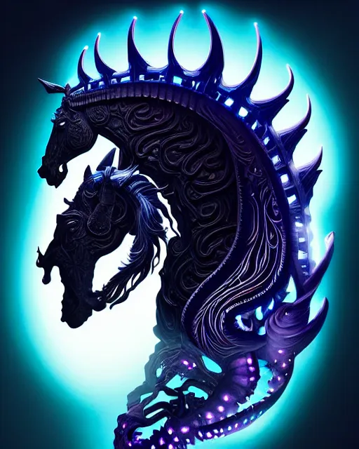 Image similar to 3 d ornate carved dark cosmic horse with profile portrait, sigma 5 0 0 mm f / 5. beautiful intricate highly detailed horse skull. bioluminescent, plasma, lava, ice, water, wind, creature, thunderstorm! artwork by tooth wu and wlop and beeple and greg rutkowski, 8 k trending on artstation