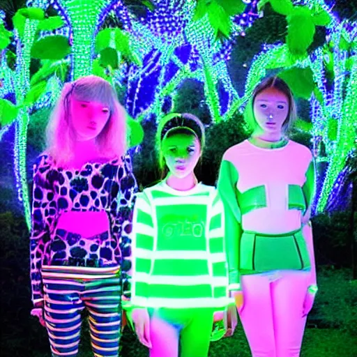 Prompt: very symmetrical fruits magazine steetwear photo of cute cool fashion worn by teens teens in the far future with glowing led lights and surrounded by plants, futuristic!!! haute couture fashion!!!!, nanotechnology and cybernetics!!! and solar power and prosthetic