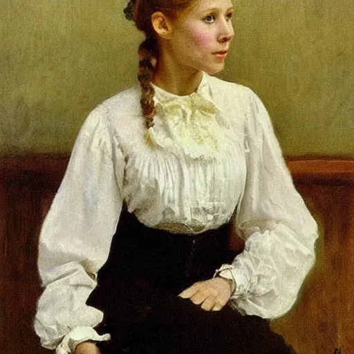 Image similar to Young gwyneth paltrow in a victorian blouse, vintage shading, by Ilya Repin