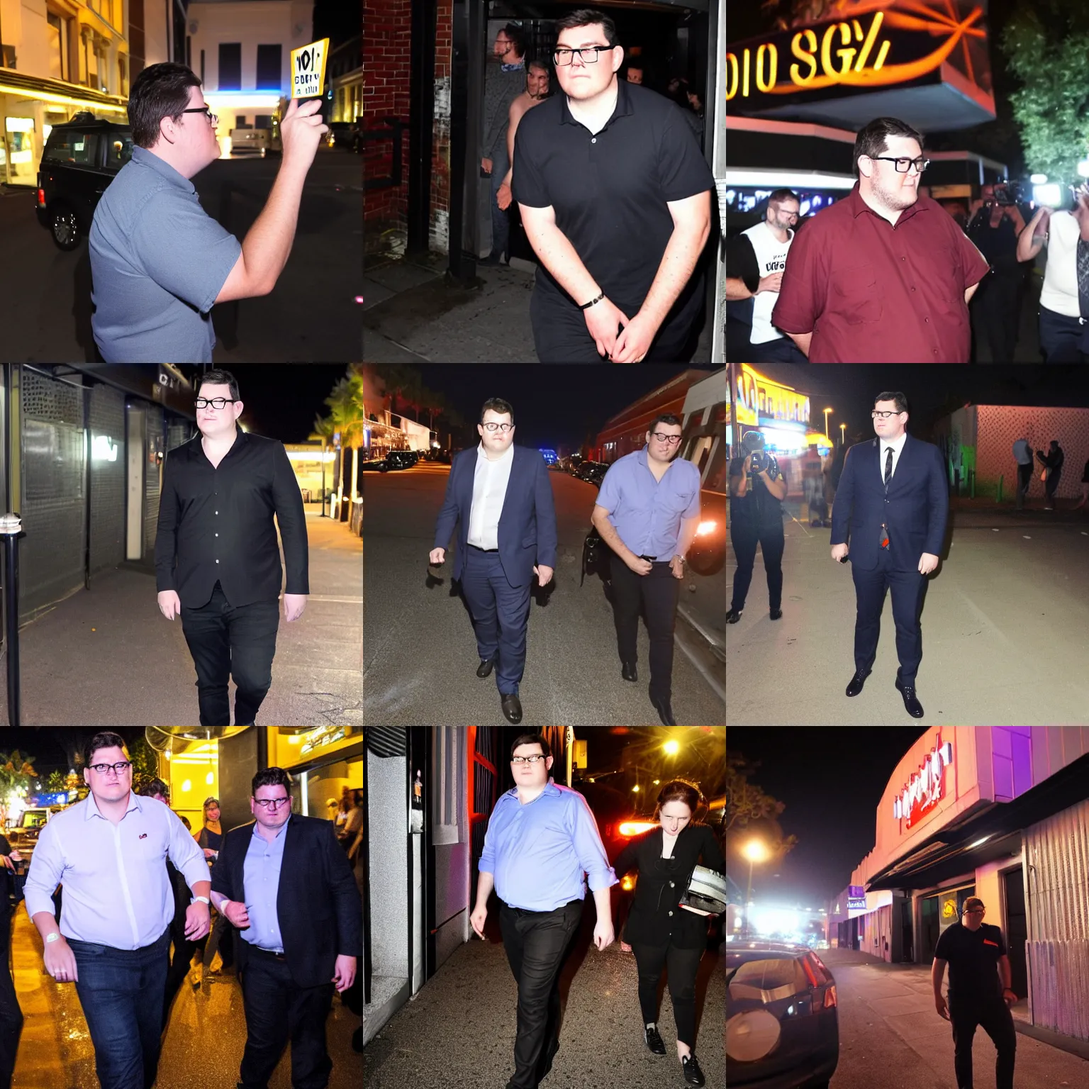 Prompt: George Christensen outside a nightclub, nighttime, paparazzi photo