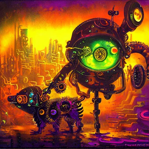 Image similar to steampunk rat, acid, 303, psychedelic, by paul lehr