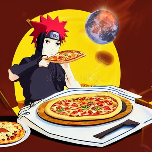 Image similar to naruto eating pizza for breakfast on luna, with dancing sandals, anime illustration, detailed