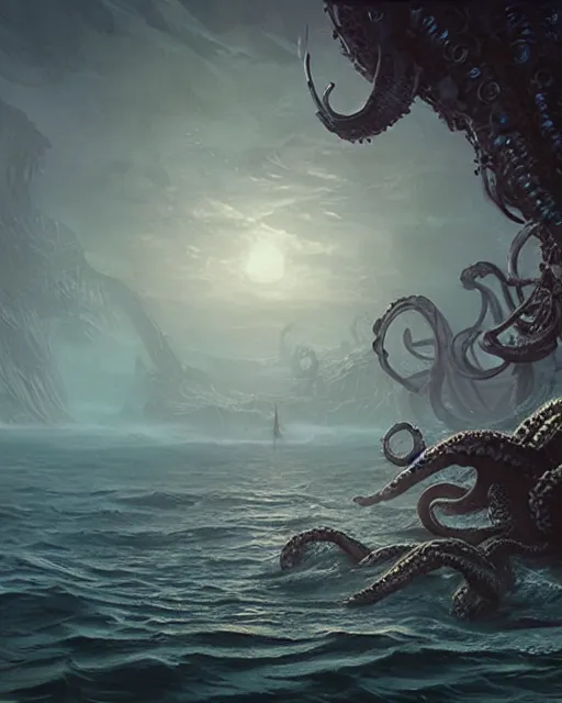 Image similar to An invisible Kraken in the middle of the sea, fantasy art, in the style of greg rutkowski, illustration, epic, fantasy, intricate, hyper detailed, artstation, concept art, smooth, sharp focus, ray tracing