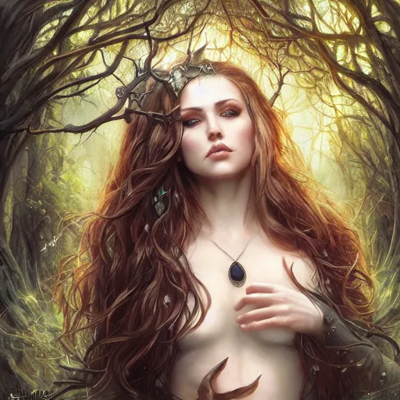 Prompt: a higly detailed full body shot portrait painting of a sorceress with piercing beautiful eyes, standing in a forest meadow, morning, dynamic lighting, ambient lighting, deviantart, art by artgerm and karol bak and mark brooks