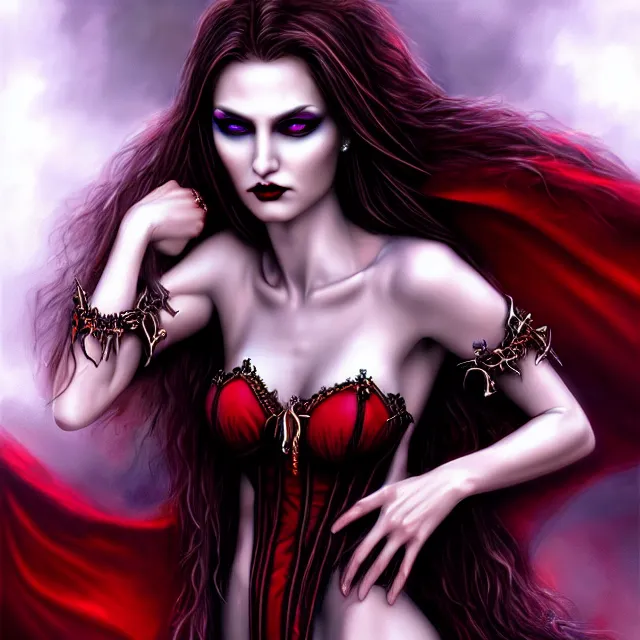Image similar to beautiful vampire queen, highly detailed, 4 k, hdr, smooth, sharp focus, high resolution, award - winning photo, anne stokes, photorealistic, hyper realistic