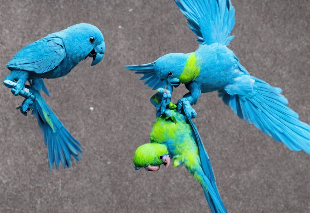 Image similar to giant blue Parrotlet destroying city in rage, rampage, destruction, apocalypse