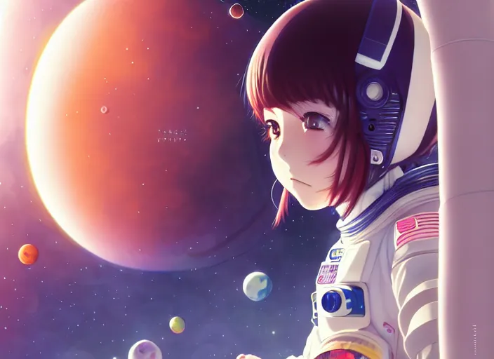 Image similar to anime portrait of a young astronaut girl floating inside a spacestation, Karolis Strautniekas,omoide emanon, tsuruta kenji, murata range,kawaii, kyoto animation, manga, intricate, detailed, studio lighting, gradation,editorial illustration, matte print, Ilya Kuvshinov